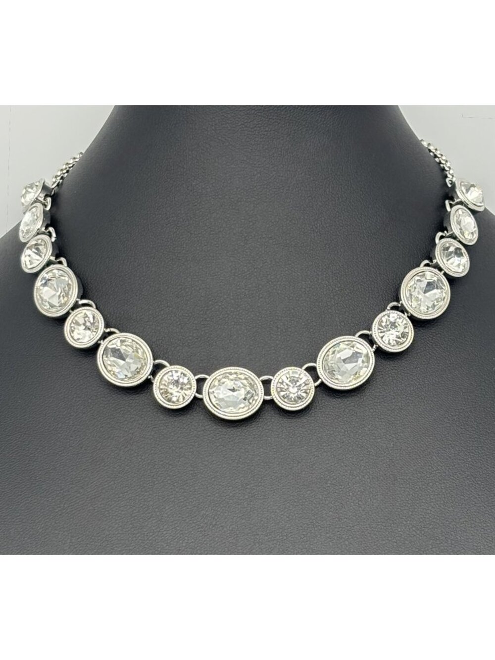 Statement Collar Necklace Bezeled Clear Crystals Round Oval Polished Silver Tone